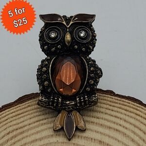 🔴5/$25 Vintage Brass Owl Ring Amber Colored Jelly Belly Sz 5.5